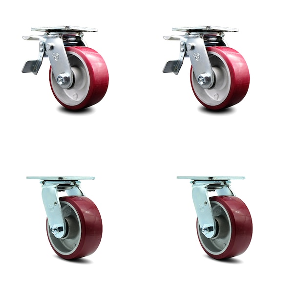 5 Inch Poly on Aluminum Swivel Caster Set with Ball Bearing 2 Total Lock Brake